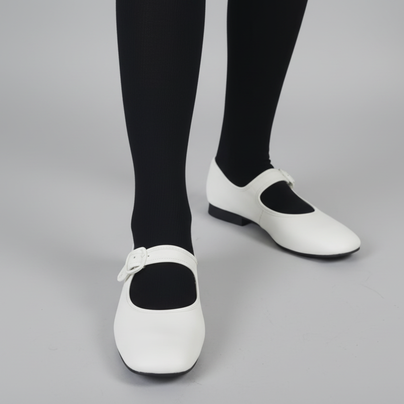 White shoes with a button detail worn with black socks on a dark floor.