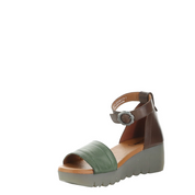 Green and brown wedge sandal on a white background