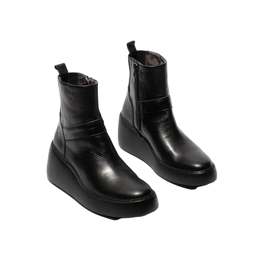 Pair of black leather ankle boots on a white background