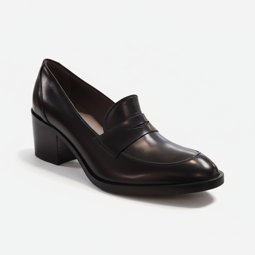 Black leather shoe on a white background