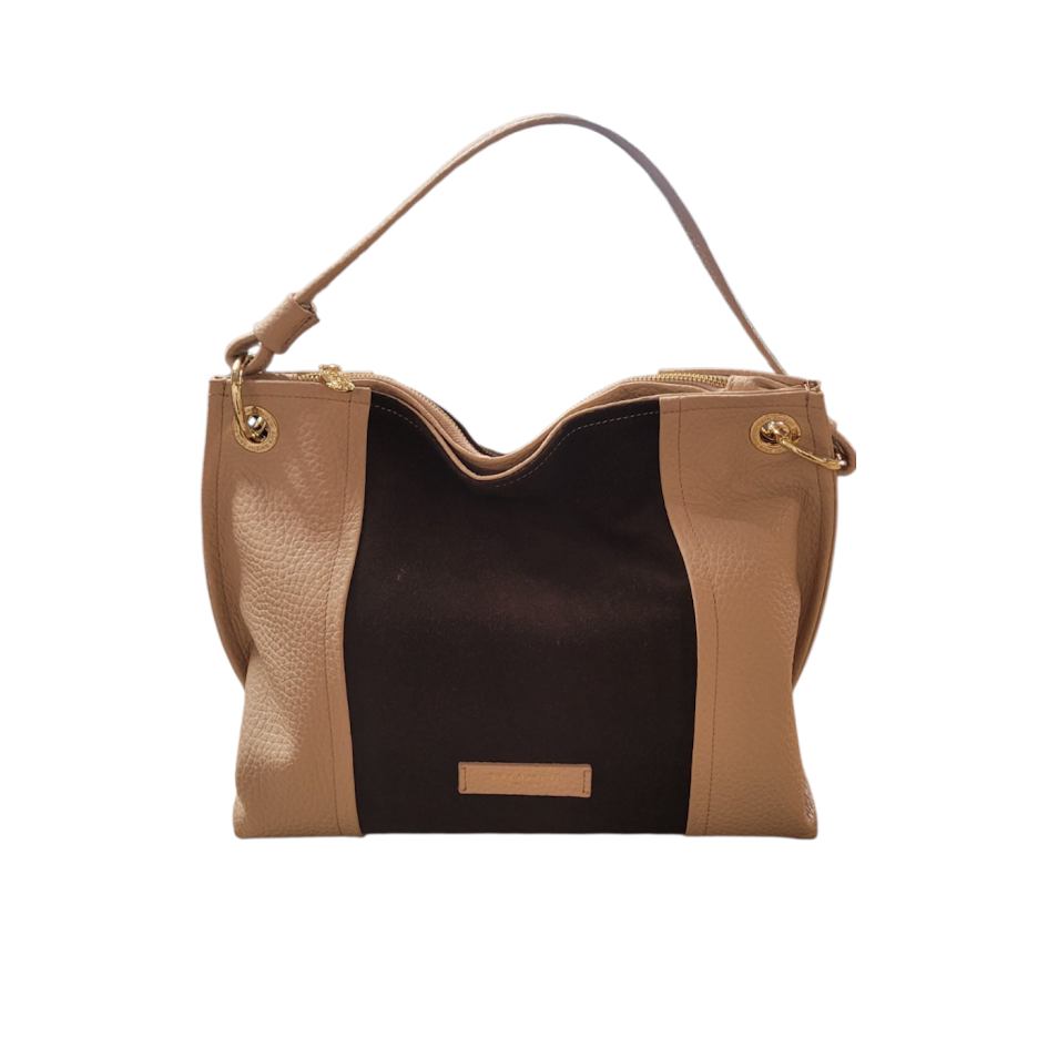 Brown and black handbag on a white background