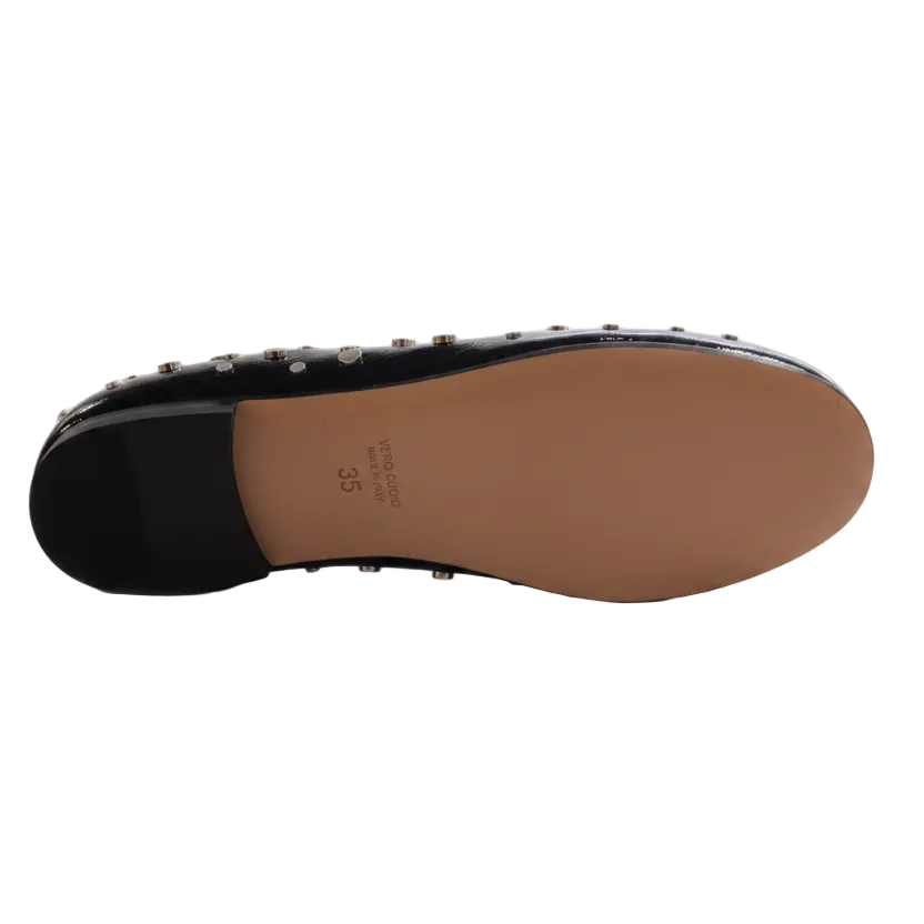 Bottom view of a shoe with brand name and size information on a white background