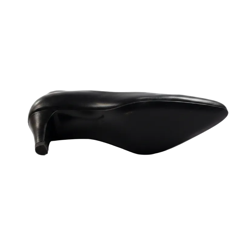Black leather shoe sole with a brand label on a white background