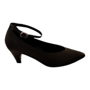 Green high-heeled shoe with a strap on a white background