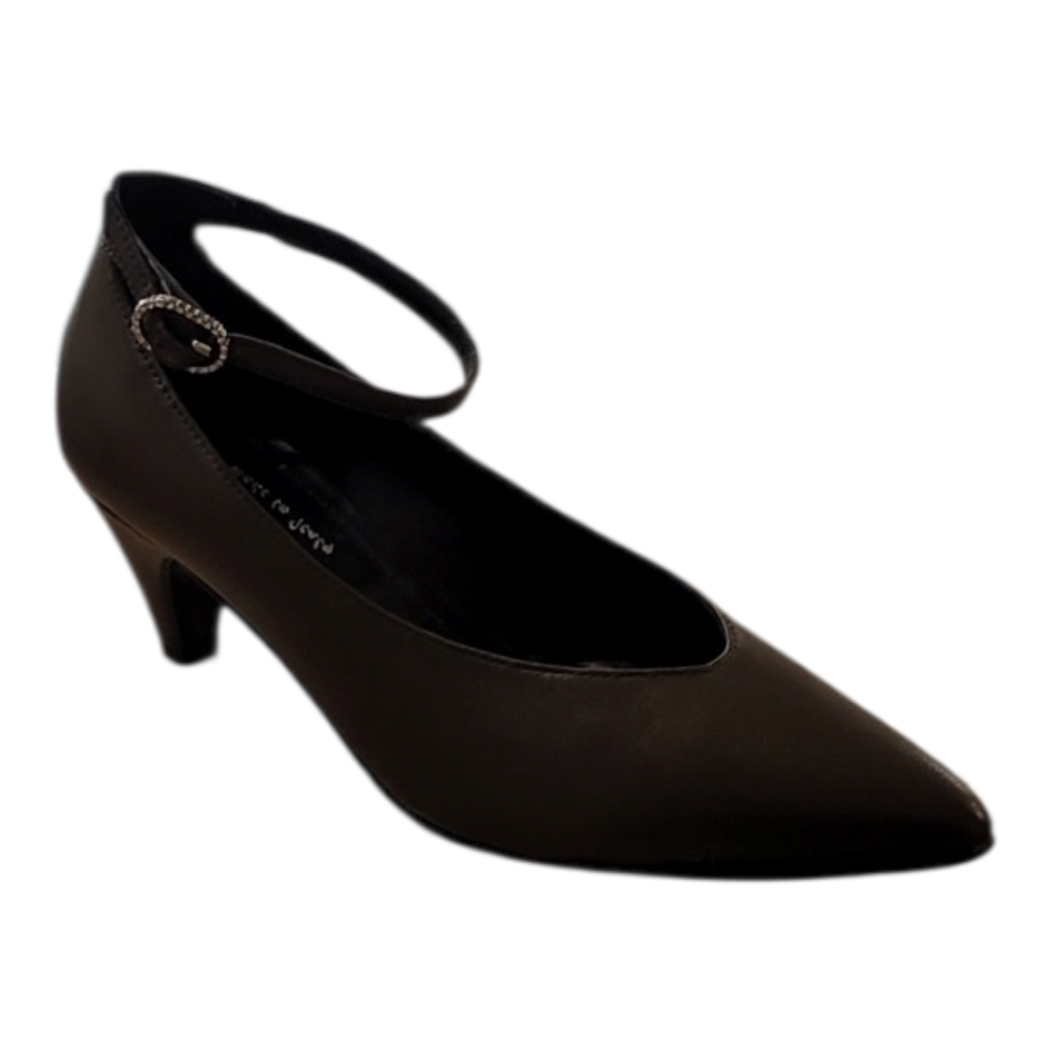 green high-heeled shoe with a slingback design on a white background