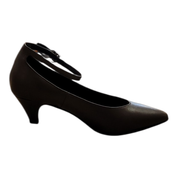 high-heeled shoe with a strap on a white background