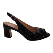 Black high-heeled shoe on a white background