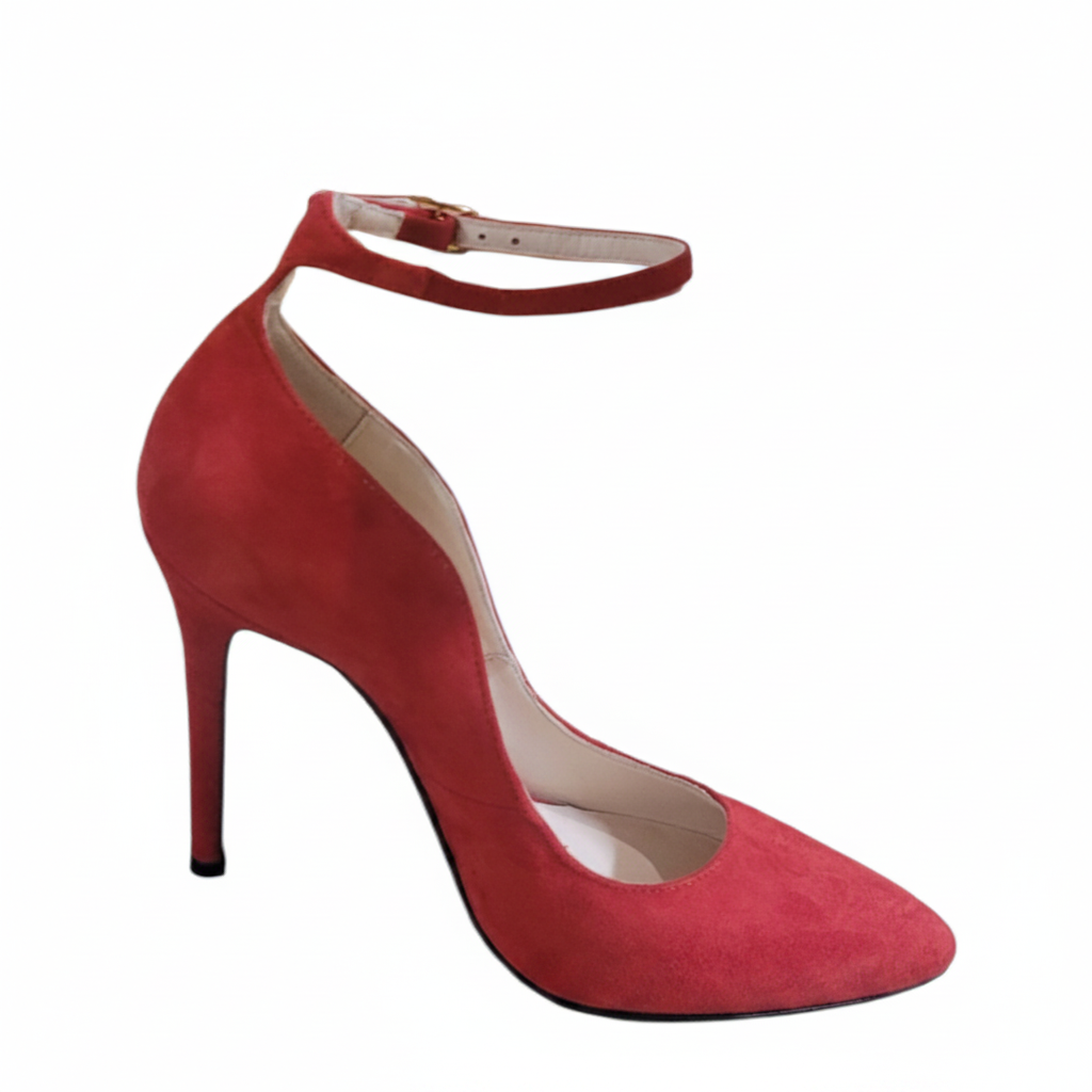 Red high-heeled shoe with a strap on a white background