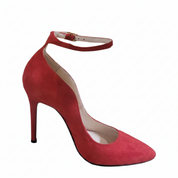Red high-heeled shoe with a strap on a white background