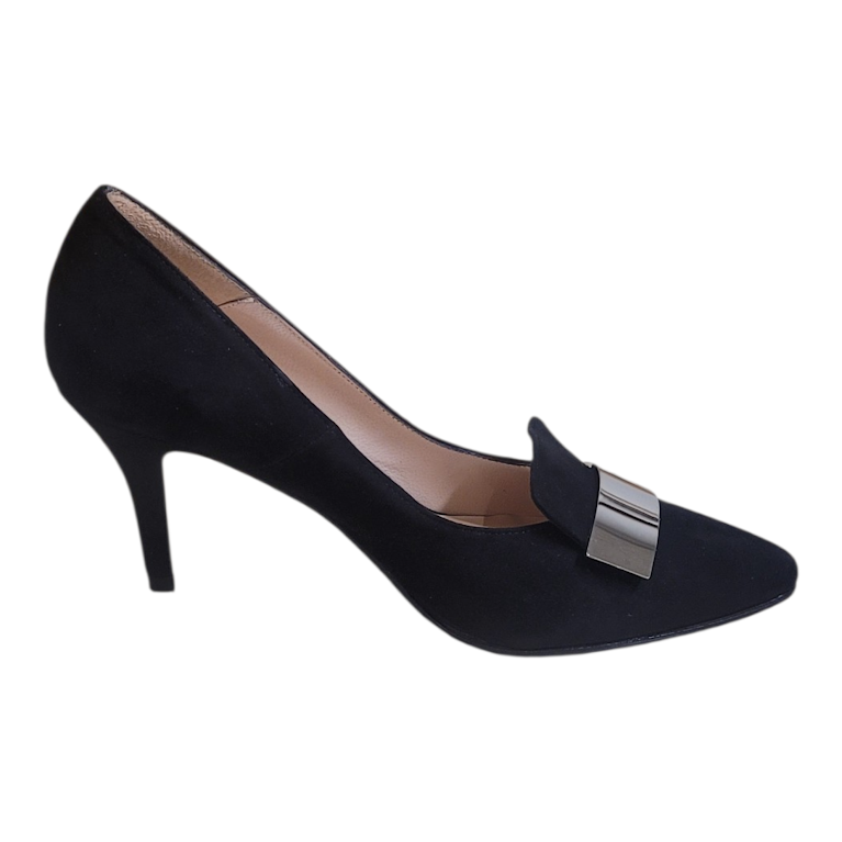 Black high-heeled shoe with a silver buckle on a white background