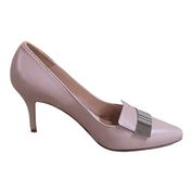 Pink high-heeled shoe with a silver accent on a white background
