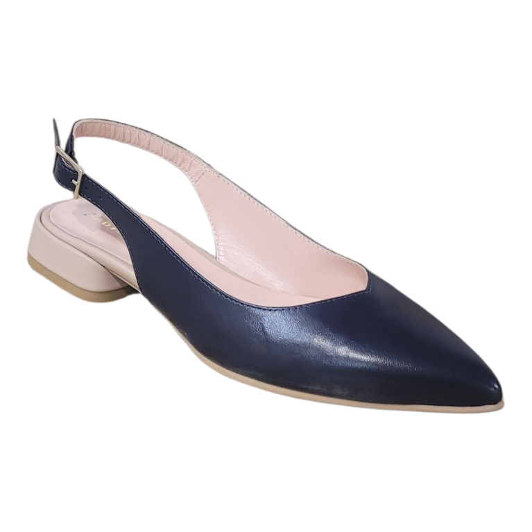 Navy blue slingback shoe with beige heel on a white background