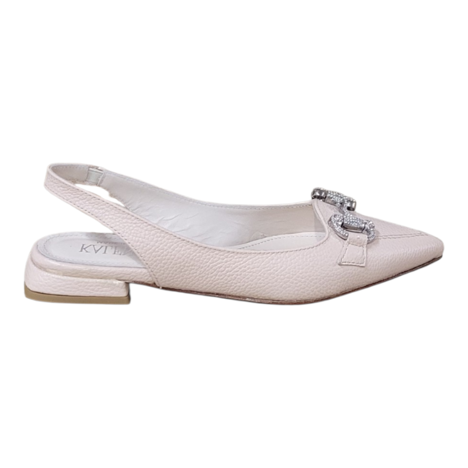 A single light beige pointed-toe slingback flat shoe with a textured leather upper, a silver rhinestone-embellished strap detail, and a low block heel, shown against a plain white background.