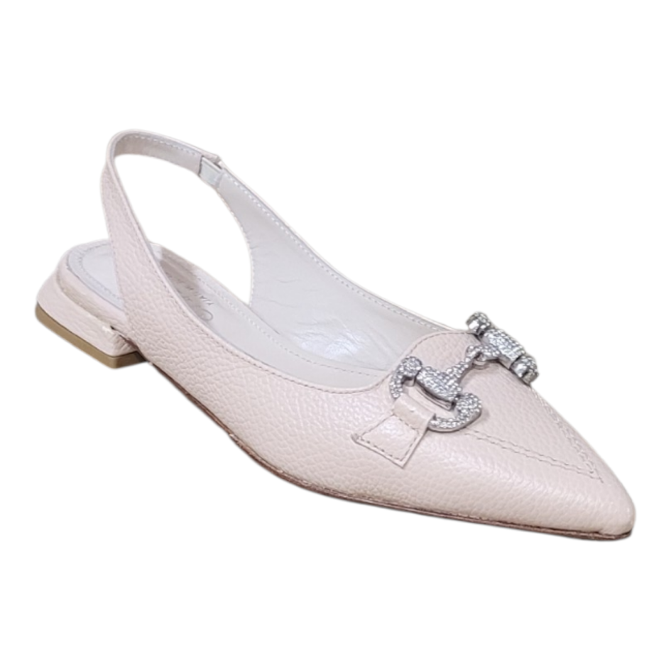A light pink pebbled leather pointed-toe slingback flat shoe with a decorative silver-tone horsebit hardware embellishment on the vamp, shown against a plain white background.