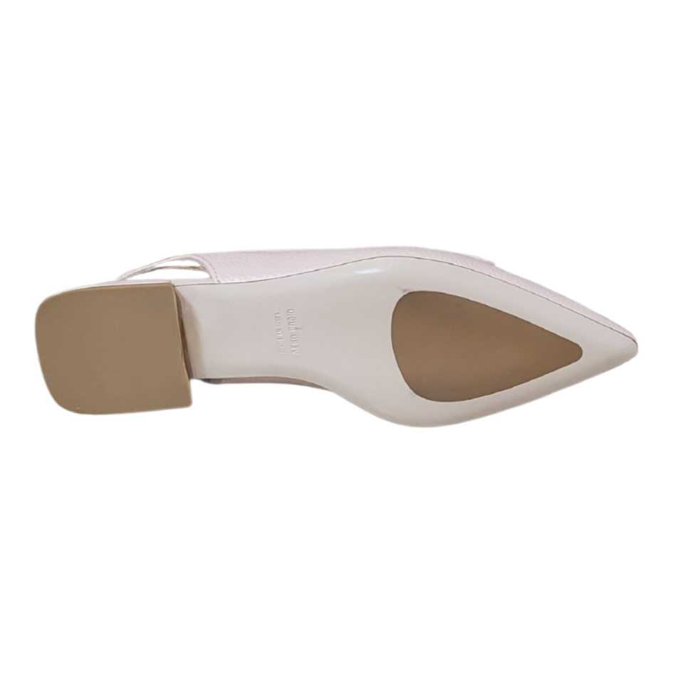 A single women's pointed-toe slingback shoe shown from the side against a plain white background. The shoe has a glossy pale blush pink upper, a tan insole, and a tan block heel.