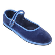 A single blue velvet Mary Jane flat shoe with a light blue trim, strap, and buckle, shown on a plain white background.