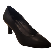 A single black leather high-heeled pump with a pointed toe, shown from a three-quarters angle on a plain white background.