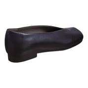 A single black leather flat shoe shown from a side profile view against a plain white background.