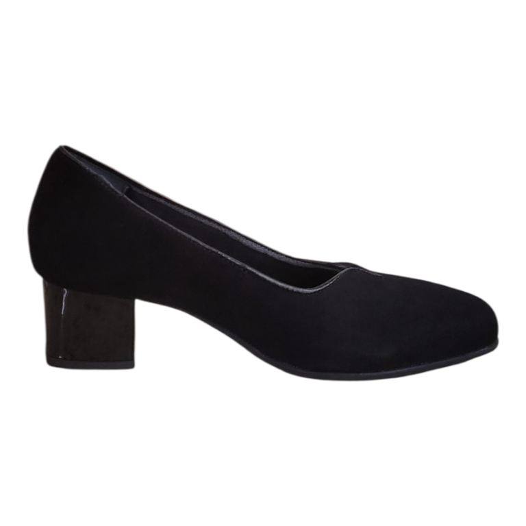 A single black suede pump with a block heel, shown in a side profile view against a plain white background.