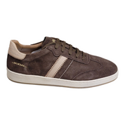 A Jackal brand low-top sneaker in dark brown suede, featuring beige contrast panels on the side, a beige heel tab, and a white rubber sole.