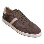 A dark brown suede sneaker with a beige side stripe, brown laces, and a white sole, shown on a plain white background.