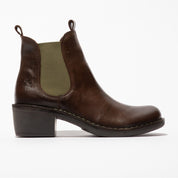 Brown leather boot with green side panel on a white background