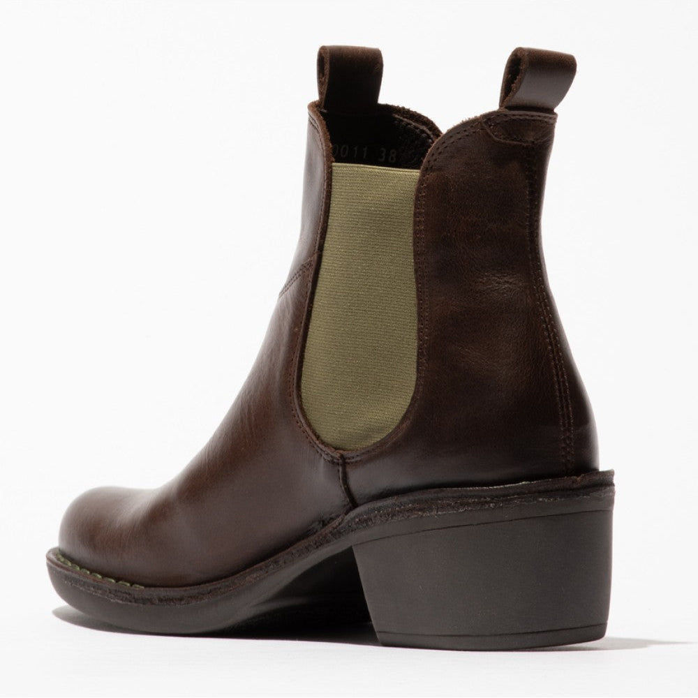 Brown leather ankle boot with a block heel on a white background