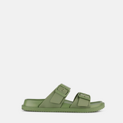 Green sandal with two straps on a white background