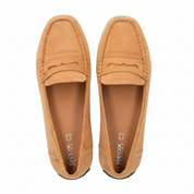 Pair of tan loafers with Geox branding on a white background
