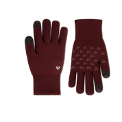 Pair of maroon gloves with black tips on a white background