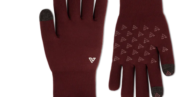 Pair of maroon gloves with black tips on a white background