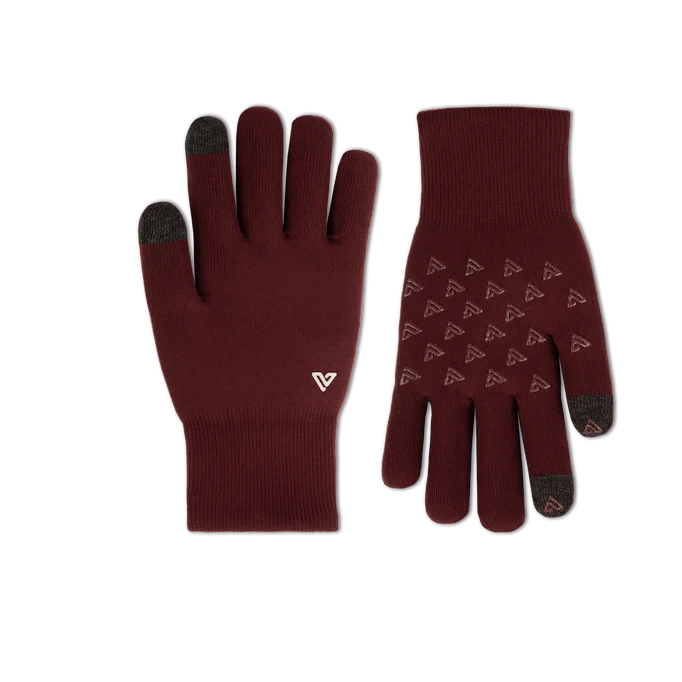 Pair of maroon gloves with black tips on a white background