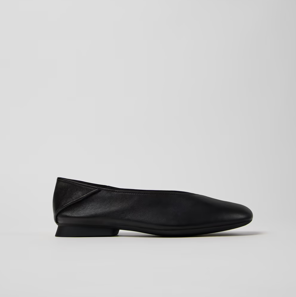 Black flat shoe on a light gray background