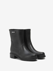 Black rain boots with Aigle logo on a white background
