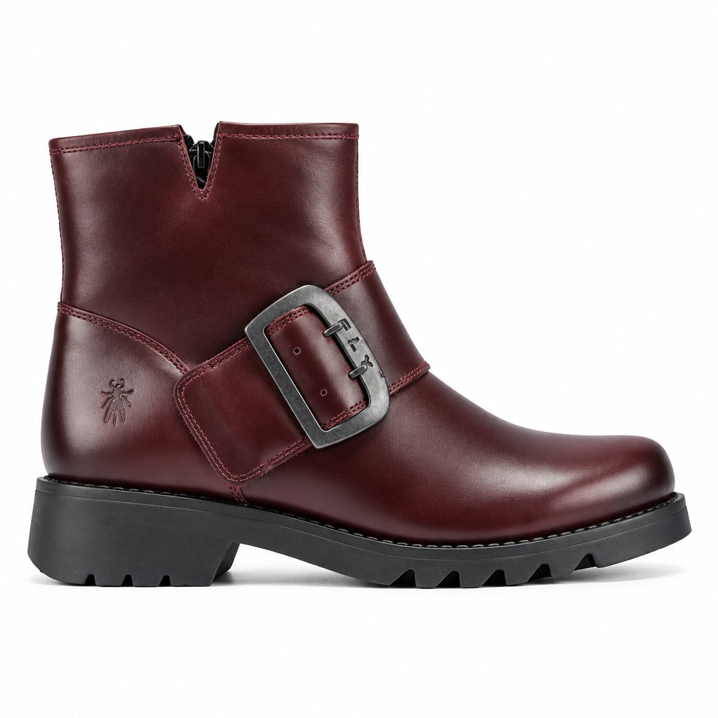 A single dark burgundy leather ankle boot with a black buckle strap and a chunky black sole, shown from a side profile on a white background.