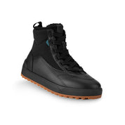 Black high-top boot with brown sole on a white background