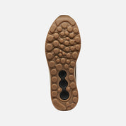 Close-up of a brown shoe sole with tread pattern on a white background