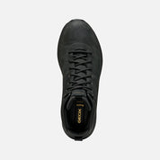 Black boot with laces on a white background
