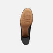 Black shoe sole with brown tread pattern on a white background