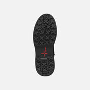 Black sole of a shoe with a brand logo on a white background