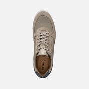 Grey sneaker with brand logo on a white background