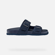 Navy blue sandal with double buckle on a light gray background