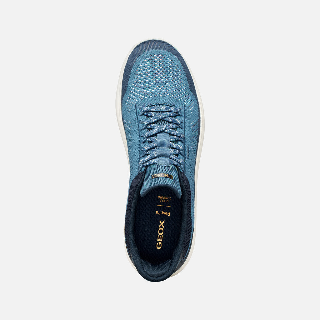 Blue sneaker with Geox branding on a white background