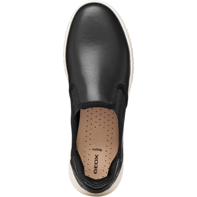 Black slip-on shoe with Geox branding on a white background