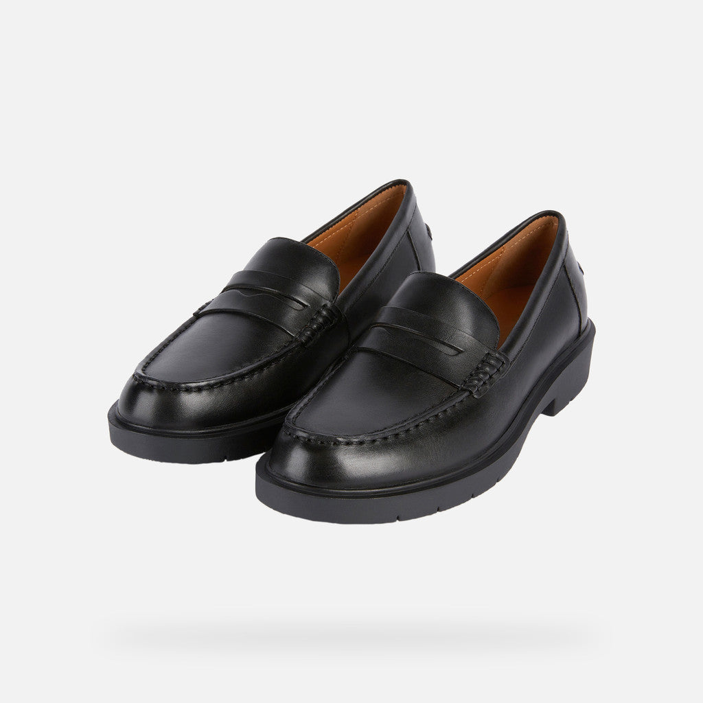 Pair of black loafers on a light gray background