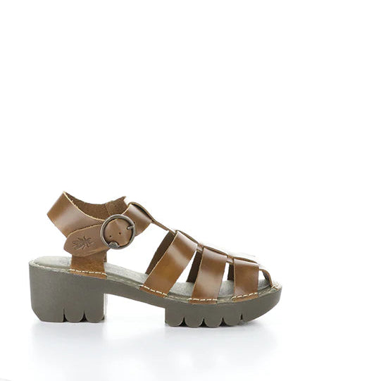 Brown sandal with a gray sole on a white background