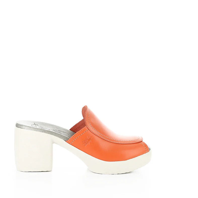 Orange sandal with a white sole on a white background