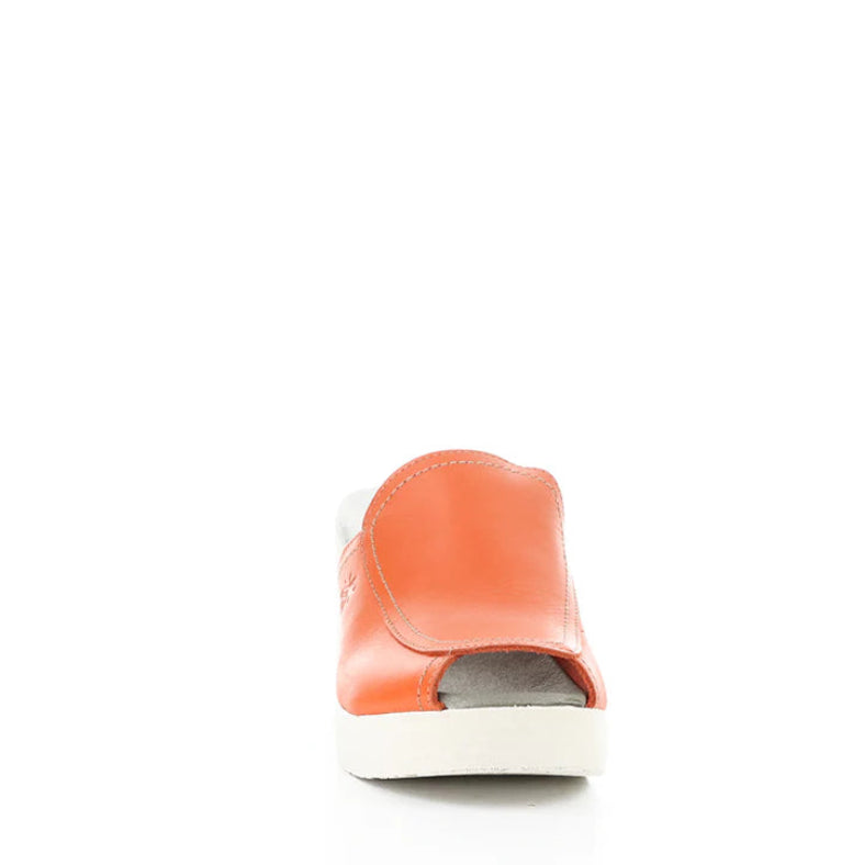 Orange sandal with a white sole on a white background