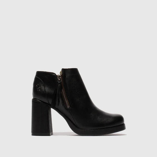 Black ankle boot with a block heel on a white background
