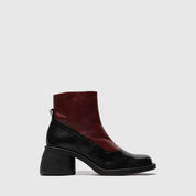 Black and burgunday ankle boot on a light gray background